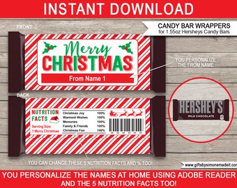 Christmas Candy Bar Wrappers Template Printable - Chocolate Labels - Gift Tags - School Class Gifts - INSTANT DOWNLOAD with EDITABLE Names