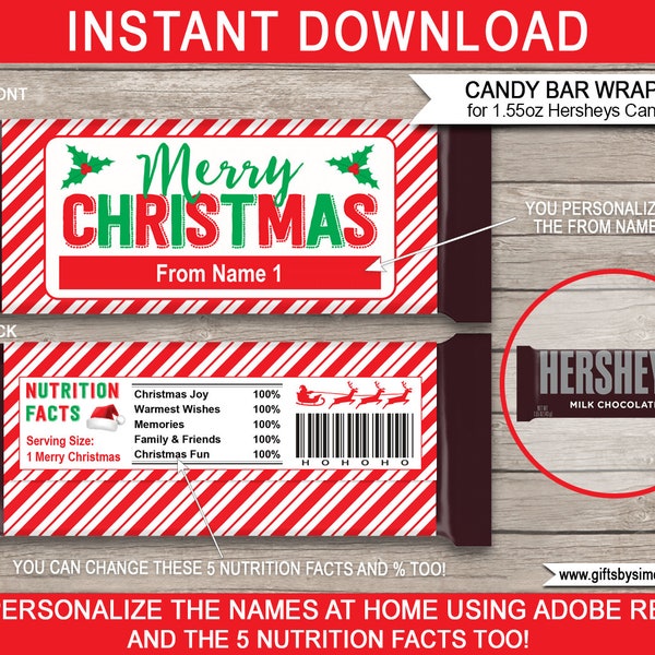 Christmas Candy Bar Wrappers Template Printable - Chocolate Labels - Gift Tags - School Class Gifts - INSTANT DOWNLOAD with EDITABLE Names