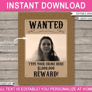 Cowgirl Wanted Poster Template - Printable Birthday Party Decorations - Outlaw Reward Sign - INSTANT DOWNLOAD with Editable text & photo