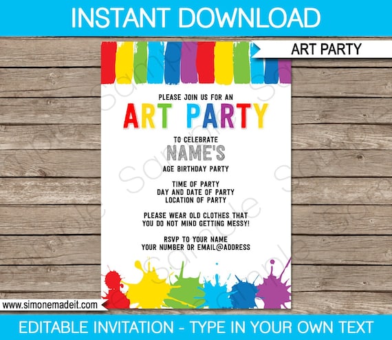 Art Invitation Template - Printable Birthday Party Invite - Paint ...