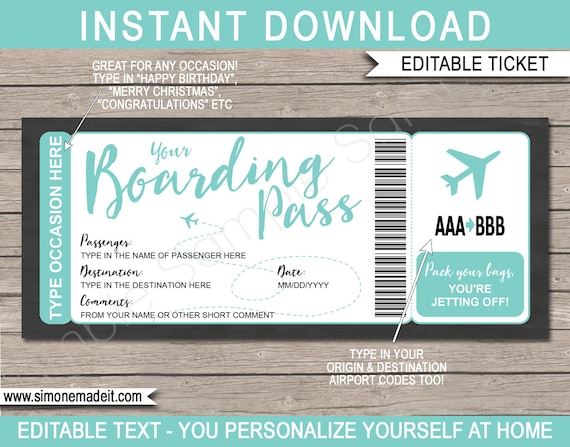 Boarding Pass Surprise Trip Reveal Gift Template - Faux Fake Boarding Pass - Any Occasion Destination - Aqua - INSTANT DOWNLOAD - EDITABLE Il_570xn