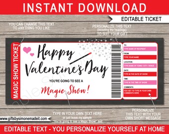 Magic Show Ticket Template - Printable Valentines Day Gift Voucher Certificate Coupon - Last Minute Gift for Kids - INSTANT DOWNLOAD