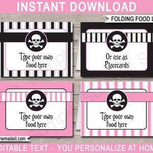 Puede incluir: Etiquetas de comida plegables imprimibles en rosa y negro con un dise&ntilde;o de calavera y huesos cruzados. Las etiquetas est&aacute;n dise&ntilde;adas para ser dobladas y se pueden usar como etiquetas de comida o como tarjetas de lugar. El texto en las etiquetas dice "Type your own food here" y "Or use as Placecards".