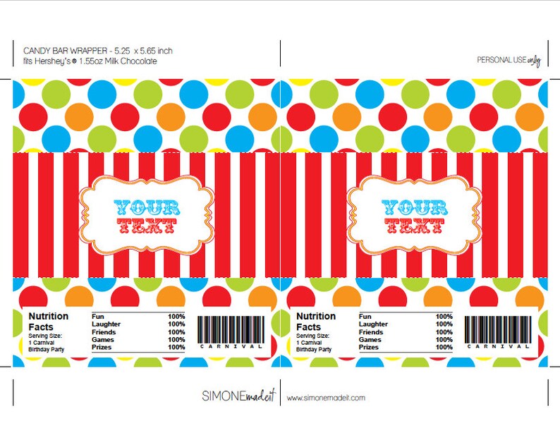 Carnival Party Candy Bar Wrappers Template - Circus Party Favors - Chocolate Labels - INSTANT DOWNLOAD with EDITABLE text - you personalize