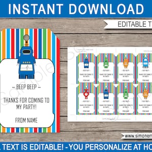 Robot Favor Tags Template - Printable Birthday Party Thank You Tags - INSTANT DOWNLOAD - EDITABLE text - you personalize