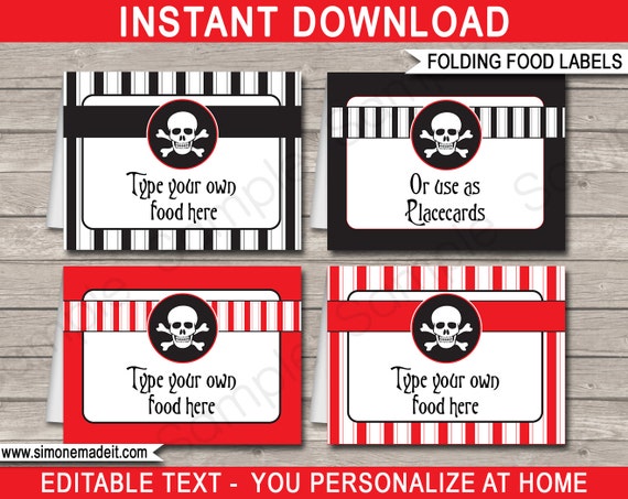 Pirate Birthday Party Food Labels Tags Printable Decoration Template - Place Cards - INSTANT DOWNLOAD with EDITABLE text - you personalize Il_570xn