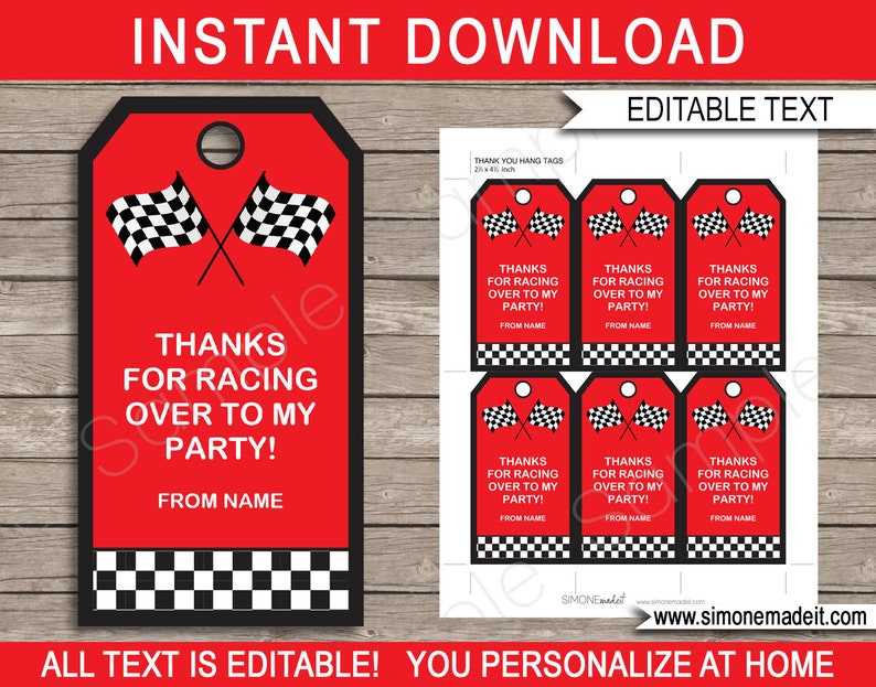 Race Car Favor Tags - Thank You Tags - Birthday Party Decorations - Racing Car Theme Printable Template - INSTANT DOWNLOAD - EDITABLE Text