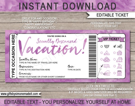 Social Distancing Holiday Travel Ticket Surprise Reveal Gift Idea Printable Template - Mask Sanitizer - INSTANT DOWNLOAD with EDITABLE Text Il_570xn