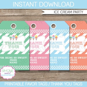 Ice Cream Party Favor Tags - Thank You Tags - Birthday Party Favors - INSTANT DOWNLOAD with EDITABLE text template - you personalize at home