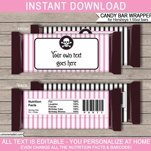 Puede incluir: Envoltorios de barra de caramelo imprimibles con un dise&ntilde;o a rayas rosa y negro. La parte delantera presenta una calavera y huesos cruzados y el texto "Your own text goes here". La parte posterior presenta una etiqueta de informaci&oacute;n nutricional con el texto "Fun, Laughter, Friends, Birthday Cake, Birthday Wishes" y la palabra "PARTY".