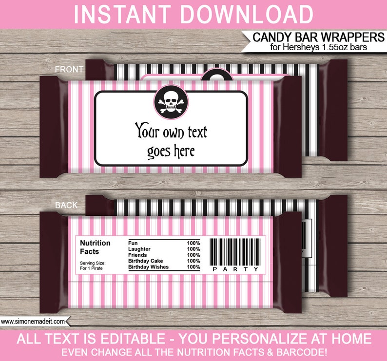 Puede incluir: Envoltorios de barra de caramelo imprimibles con un dise&ntilde;o a rayas rosa y negro. La parte delantera presenta una calavera y huesos cruzados y el texto "Your own text goes here". La parte posterior presenta una etiqueta de informaci&oacute;n nutricional con el texto "Fun, Laughter, Friends, Birthday Cake, Birthday Wishes" y la palabra "PARTY".