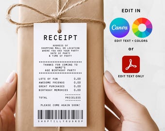 Receipt Favor Tags, Shopping Birthday Thank You Template, Canva and Adobe PDF