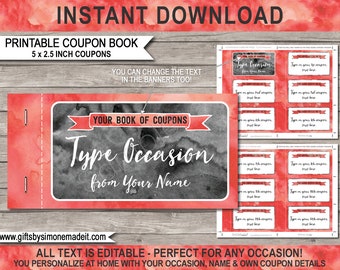 Editable Coupon Book Printable Template Personalized Coupons Gift Vouchers, Birthday Mom Dad Anniversary Him Her - INSTANT DOWNLOAD