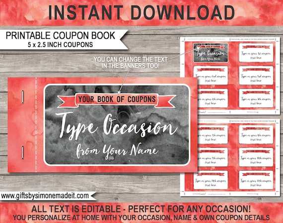 Editable Coupon Book Printable Template Personalized Coupons Gift ...