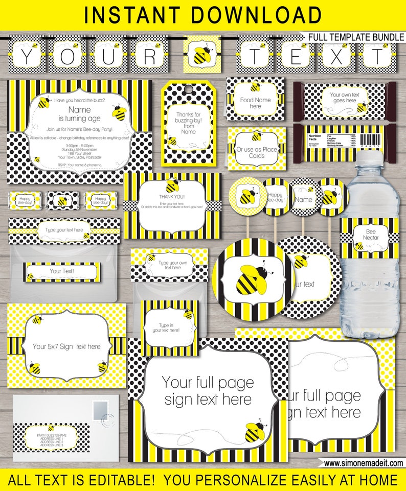 Bee Party Printable Decorations & Invitation Template Bundle Birthday or Baby Shower Theme INSTANT DOWNLOAD EDITABLE Text image 1