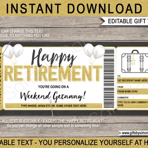 Weekend Away Voucher Template Gift Certificate Ticket Card - Printable Retirement Trip Getaway, Pack Your Bags, Hotel Stay. INSTANT DOWNLOAD
