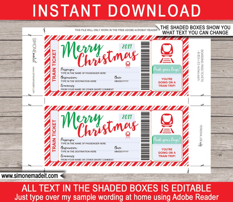 Christmas Train Ticket Printable Template Boarding Pass Gift Etsy