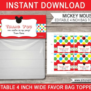 Enfeites para Sacolas de Lembrancinhas do Mickey Mouse: Texto Editável, 4 Polegadas (Download Instantâneo)