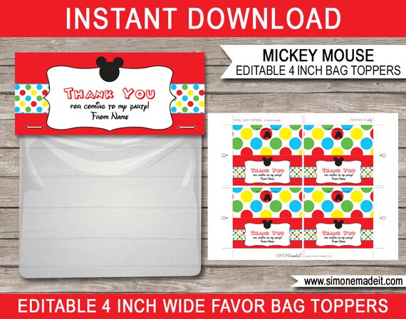 Mickey Mouse Favor Bag Toppers - Mickey Mouse Theme - Birthday Party Decorations - 4 inches wide - INSTANT DOWNLOAD with EDITABLE text Il_570xn
