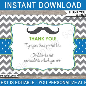 Modelo de cartões de agradecimento para festa do bigode - Notas de homenzinho para impressão - Chá de bebê - Festa de aniversário - DOWNLOAD INSTANTÂNEO - Texto EDITÁVEL