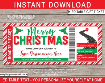 Road Trip Ticket Template Gift Certificate Voucher - Printable Surprise Christmas Trip Reveal - Travel Ticket - EDITABLE text DOWNLOAD