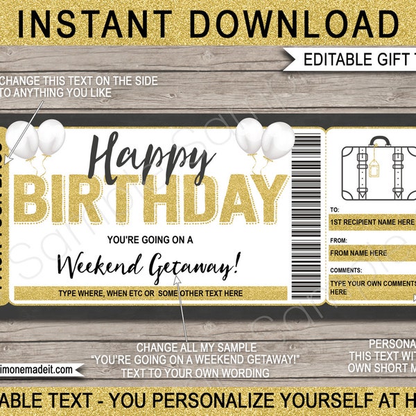 Weekend Getaway Voucher Template Gift Certificate Ticket Card - Printable Birthday Trip Away, Pack Your Bags, Hotel Stay - Coupon DOWNLOAD