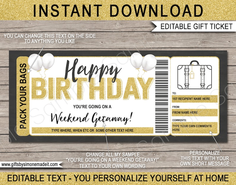 May include: Editable printable gift ticket with a gold glitter Happy Birthday message and a suitcase graphic. The text says "You're going on a Weekend Getaway!" and includes space to personalize with a recipient's name, a message from the giver, and comments.