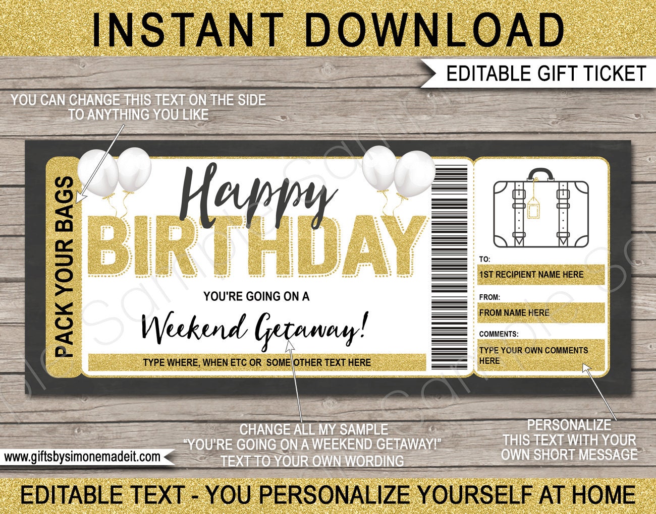 Weekend Getaway Voucher Template Gift Certificate Ticket Card Etsy Canada