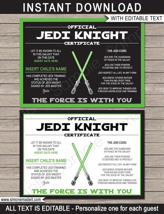Star Wars Certificates Birthday Party Favor Printable Template - Jedi Knight Certificate - INSTANT DOWNLOAD with EDITABLE text - you edit Il_570xn