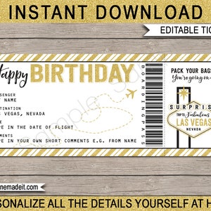 Carta d'imbarco compleanno Las Vegas stampabile biglietto aereo falso regalo coupon - viaggio a sorpresa vacanza vacanza volo - DOWNLOAD TESTO MODIFICABILE