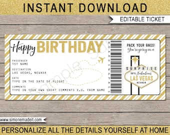 Tarjeta de Embarque de Cumpleaños de Las Vegas: Boleto de Viaje Sorpresa (DESCARGA DE TEXTO EDITABLE)