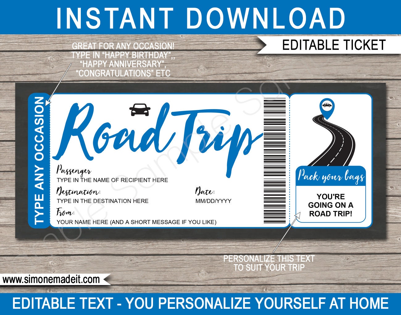 Printable Editable Road Trip Ticket Gift Template Surprise - Etsy España