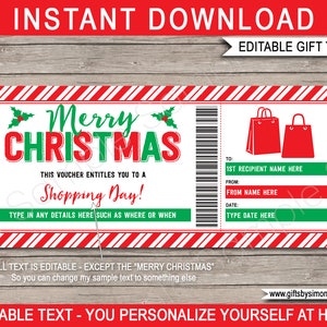 Modèle de certificat de virée shopping de Noël - coupon de carte cadeau imprimable - maman petite amie adolescente - texte MODifiable à télécharger
