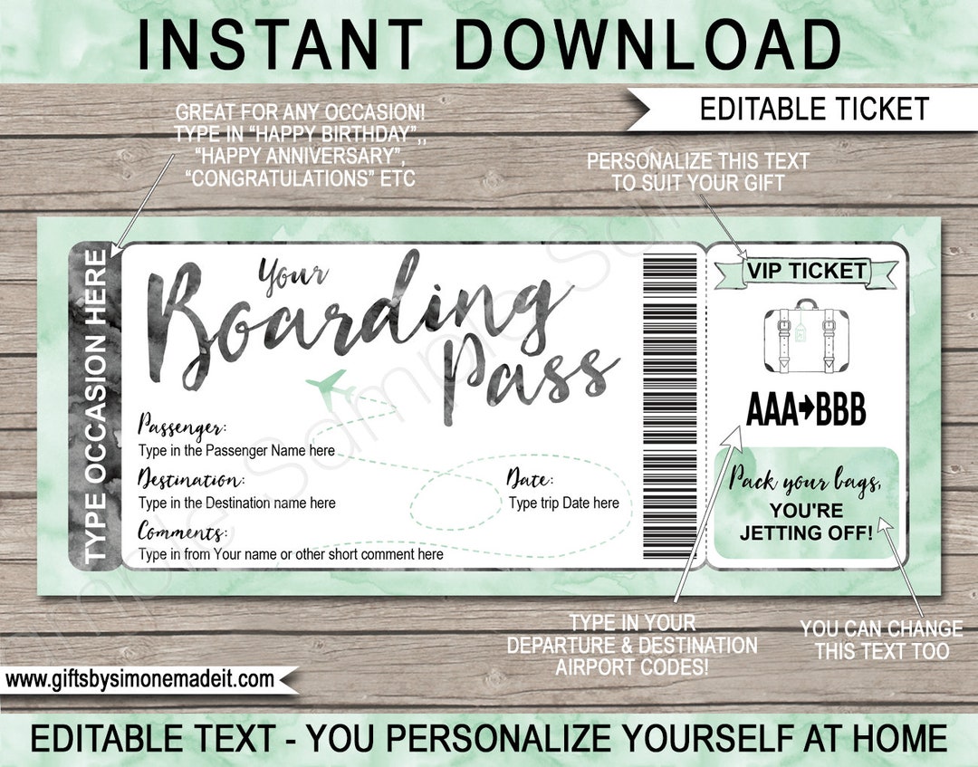 Fake Plane Ticket Boarding Pass Template Gift Printable, Surprise Fake Plane Ticket Boarding Pass Template Gift Printable, Surprise