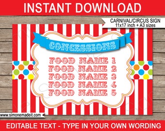 Carnival Concessions Sign: Editable Food Menu (PDF Template)