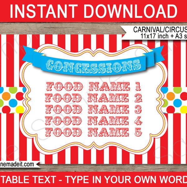 Carnival Concessions Sign - Carnival Party or Circus Party - INSTANT DOWNLOAD with EDITABLE text - pdf template - 11x17 inches and A3 sizes