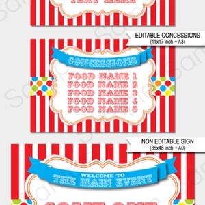 Carnival Sign Templates - Printable Birthday Party Decorations - Concessions - Games - Come One Come All - Step Right Up - Circus Theme - INSTANT DOWNLOAD - EDITABLE Text