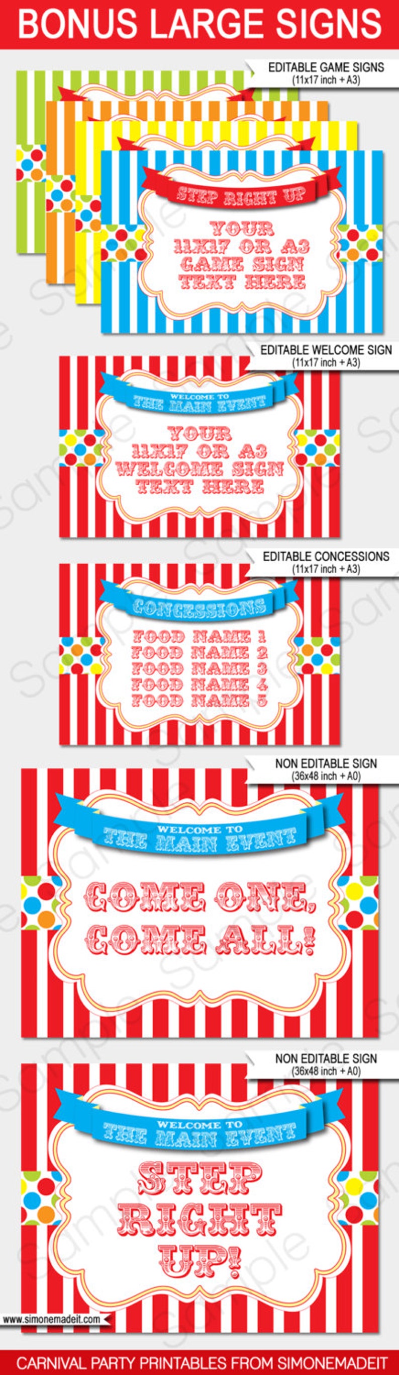 Carnival Sign Templates - Printable Birthday Party Decorations - Concessions - Games - Come One Come All - Step Right Up - Circus Theme - INSTANT DOWNLOAD - EDITABLE Text
