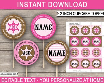 Printable Cowgirl Cupcake Toppers Template - Birthday Party Decorations - 2" Toppers Gift Tags - INSTANT DOWNLOAD - EDITABLE text - you edit