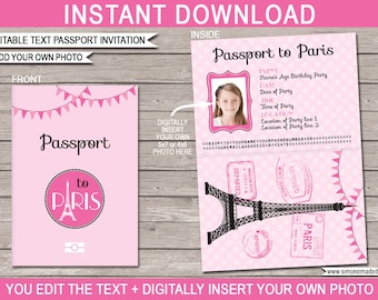 Paris Passport Invitation Template - Printable Birthday Party Invite with Photo - Paris Theme Event - Pdf File - EDITABLE TEXT DOWNLOAD