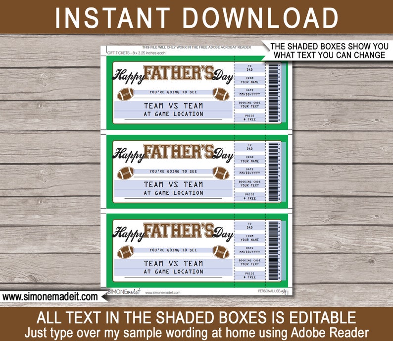 fathers day football ticket gift printable football etsy