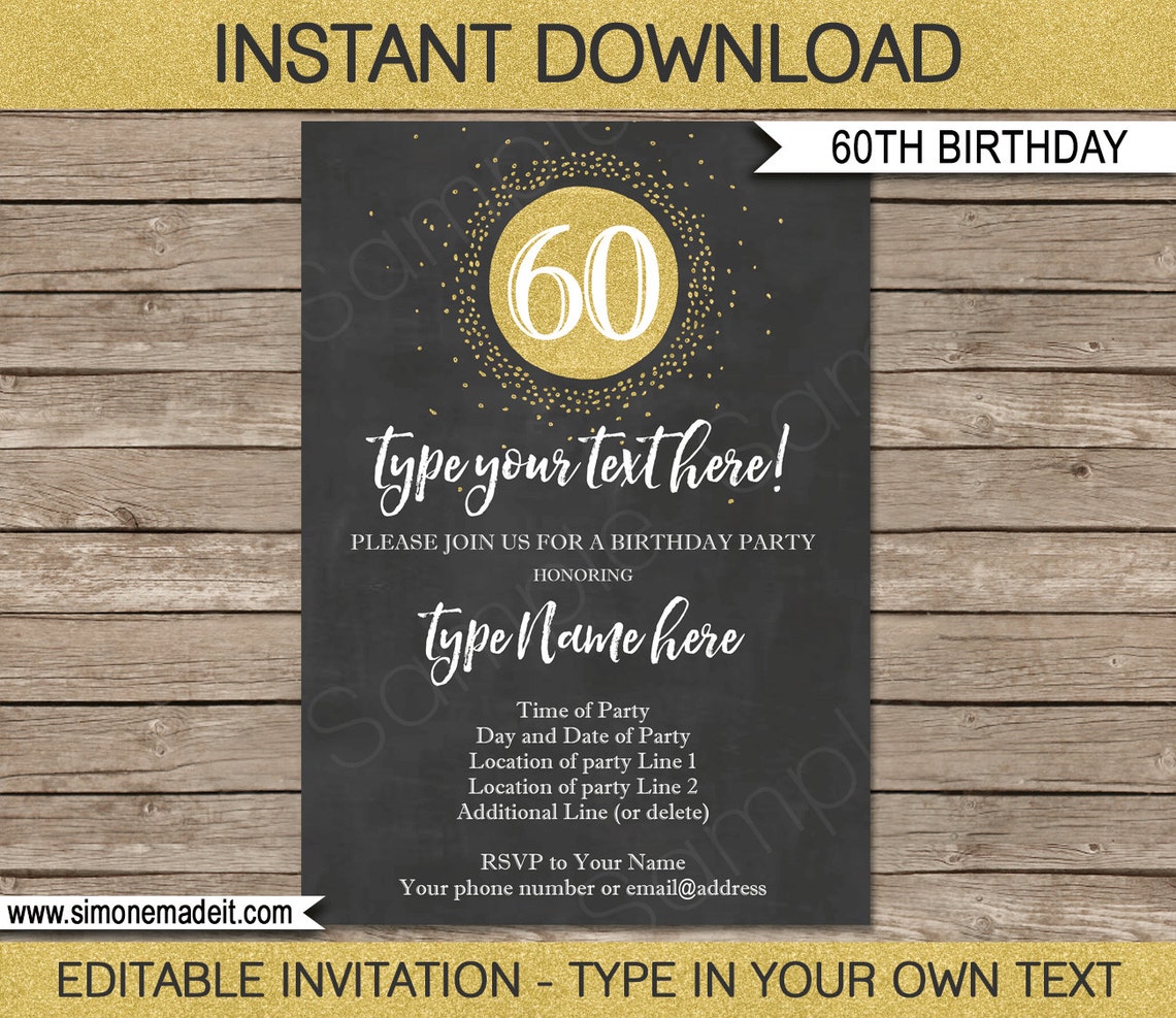 60th Birthday Invitation Template Chalkboard Gold Glitter Etsy