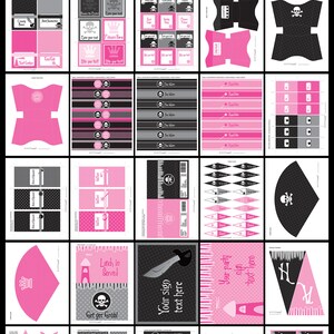 K&ouml;nnte beinhalten: Druckbare Partyvorlagen f&uuml;r eine Prinzessinnen- und Piratenparty. Die Vorlagen beinhalten Einladungen, Cupcake-Topper, Geschenkanh&auml;nger, Lebensmitteletiketten und vieles mehr. Die Designs sind in den Farben Pink, Schwarz und Wei&szlig; gehalten und zeigen Bilder von Kronen, Schwertern und Totenk&ouml;pfen.