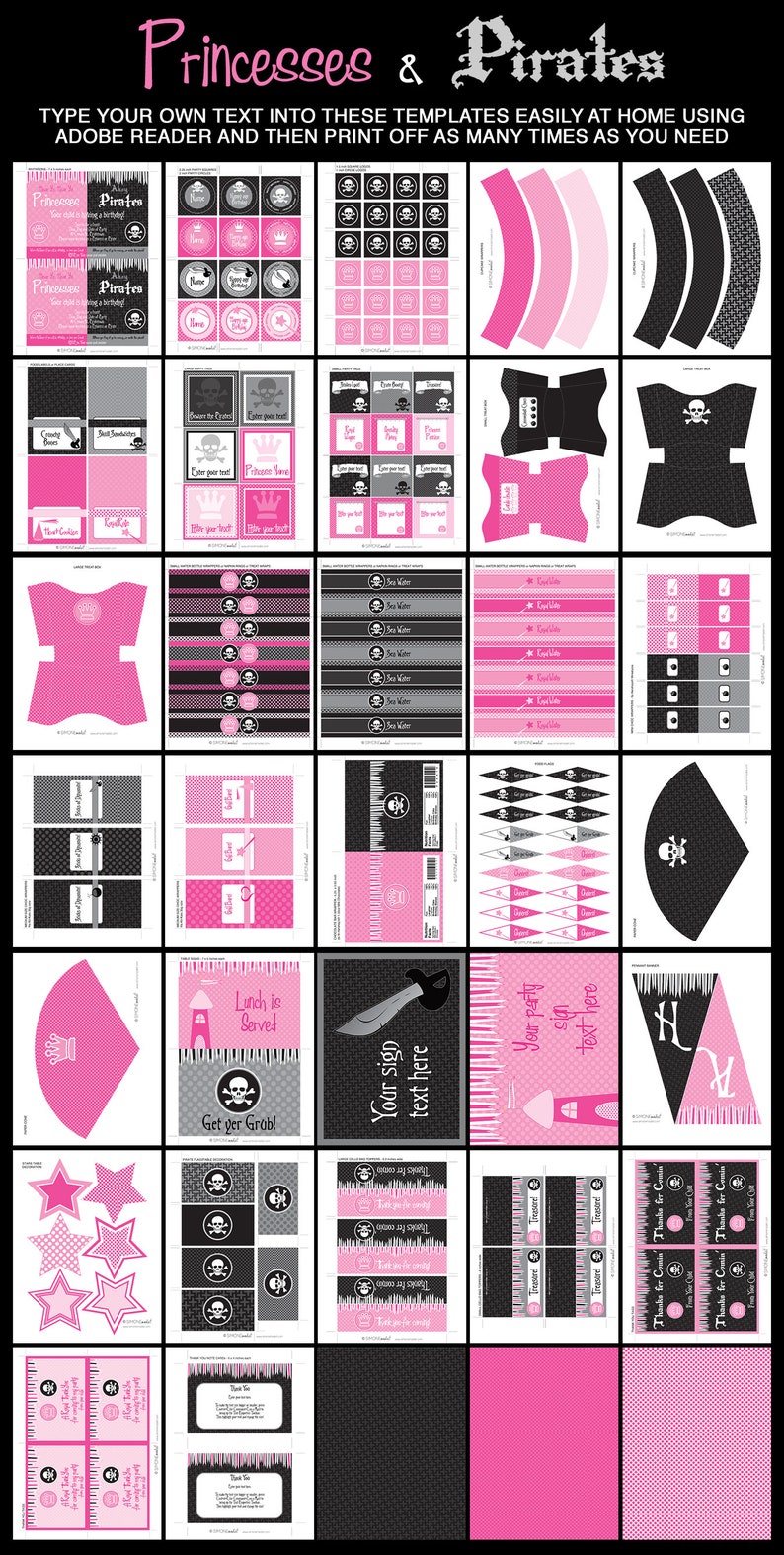 K&ouml;nnte beinhalten: Druckbare Partyvorlagen f&uuml;r eine Prinzessinnen- und Piratenparty. Die Vorlagen beinhalten Einladungen, Cupcake-Topper, Geschenkanh&auml;nger, Lebensmitteletiketten und vieles mehr. Die Designs sind in den Farben Pink, Schwarz und Wei&szlig; gehalten und zeigen Bilder von Kronen, Schwertern und Totenk&ouml;pfen.