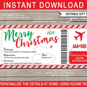 Christmas Boarding Pass Template Ticket Surprise Trip Reveal, Flight, Holiday, Vacation Fake Plane Ticket INSTANT DOWNLOAD EDITABLE image 1