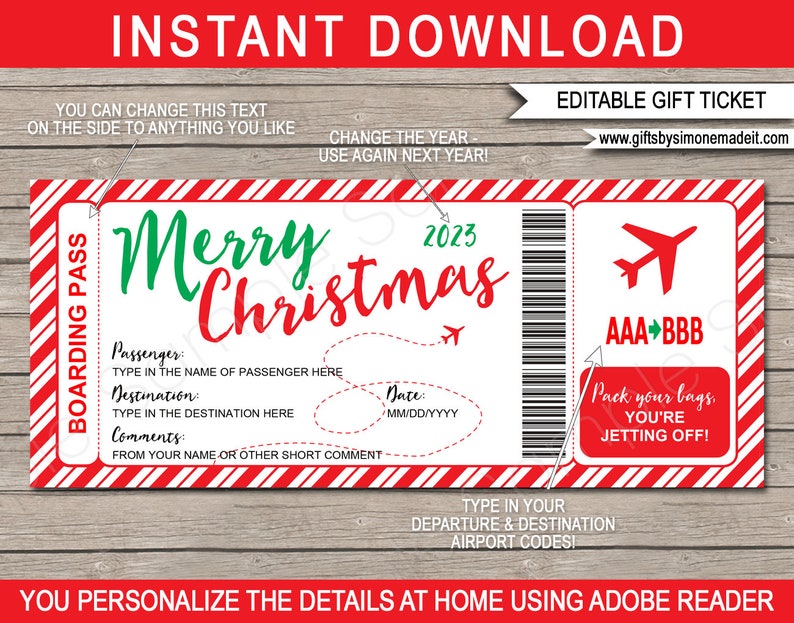 Modèle de carte d'embarquement de Noël, révélation de voyage surprise, vol, vacances, vacances faux billet d'avion TÉLÉCHARGEMENT IMMÉDIAT MODIFIABLE image 1