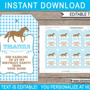Pony Party Favor Tags Vorlage - Pferd Danke Tags - Geburtstag Gastgeschenke - SOFORTIGER DOWNLOAD mit EDITIERBARE Text - Sie personalisieren