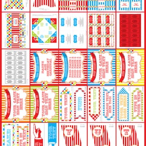 Carnival Theme Party Invitations & Decorations - Printable Circus Birthday Package Set Bundle Pack Kit - Invitation, Favor Tags, Direction Arrow Signs, Fortune Teller, Food Labels, Water Bottle Labels - Admit One Tickets - Editable INSTANT DOWNLOAD