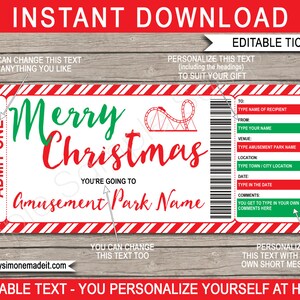 Weihnachten Freizeitpark Ticket Geschenk druckbare Vorlage - Überraschungskarte für Vergnügungspark - INSTANT DOWNLOAD - EDITIERBARER Text - Sie personalisieren