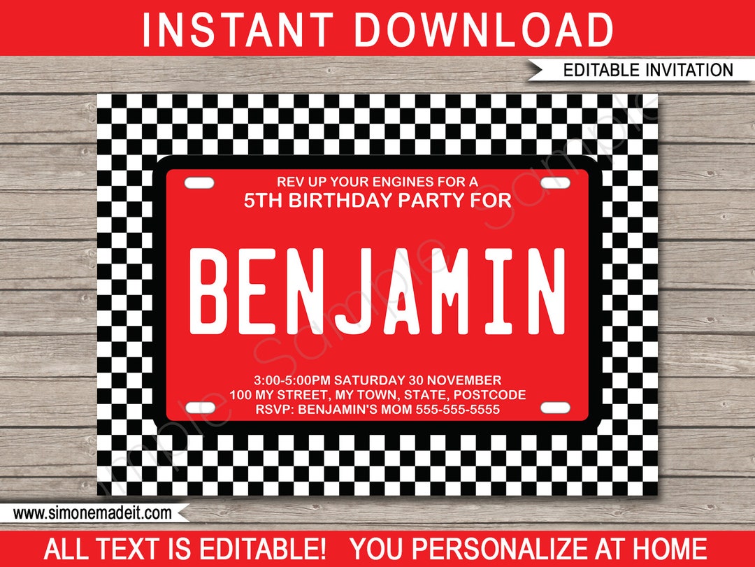 Race Car Invitation Template - Printable License Plate Birthday Party Invite - INSTANT DOWNLOAD ...